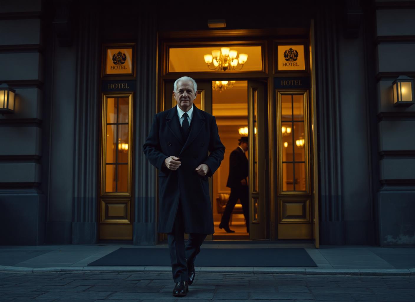 Silver-haired man in a dark overcoat walking out of a hotel entrance at dusk