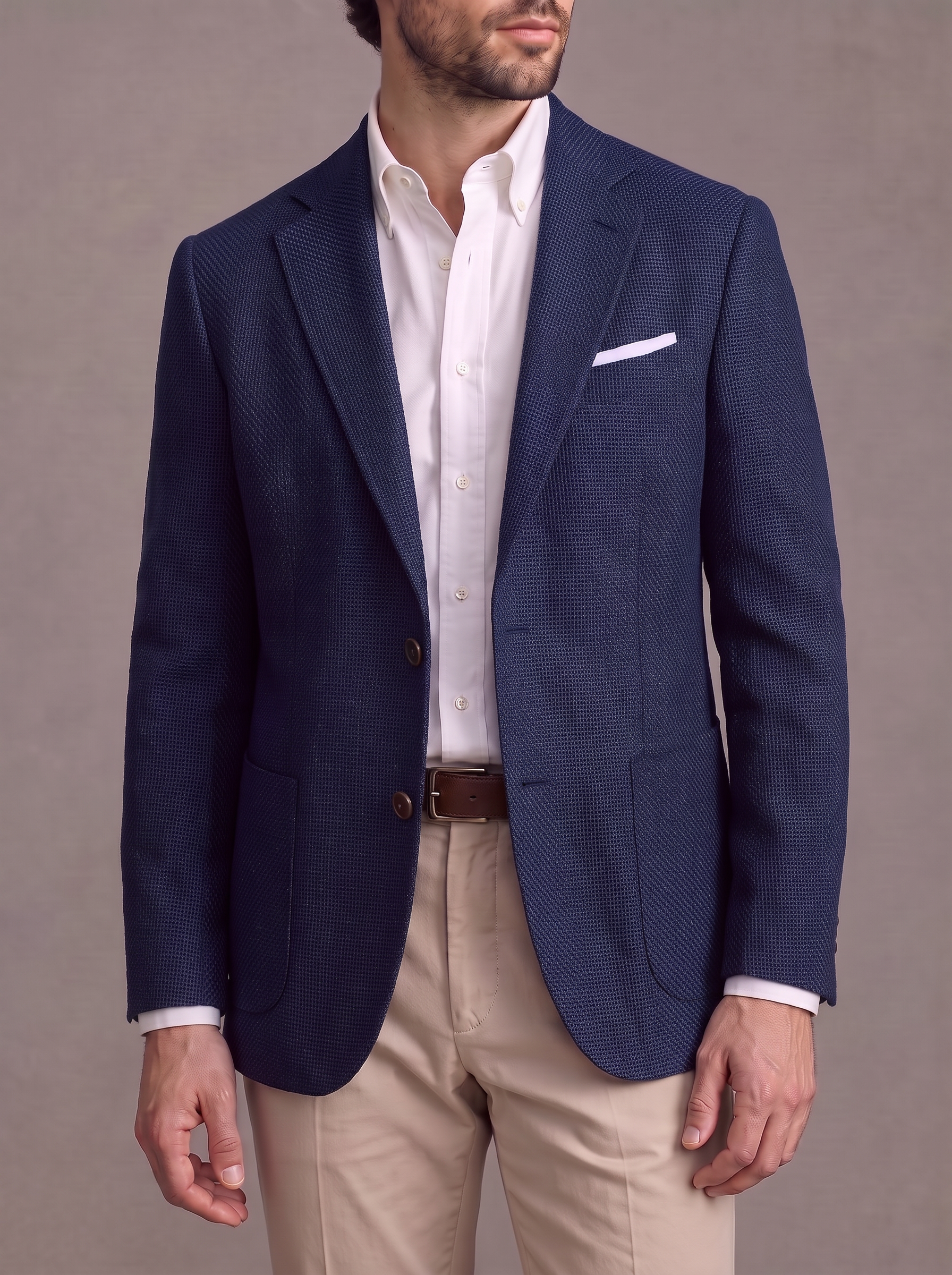 Man in a navy hopsack sports jacket over a white shirt and beige chinos on a studio backdrop