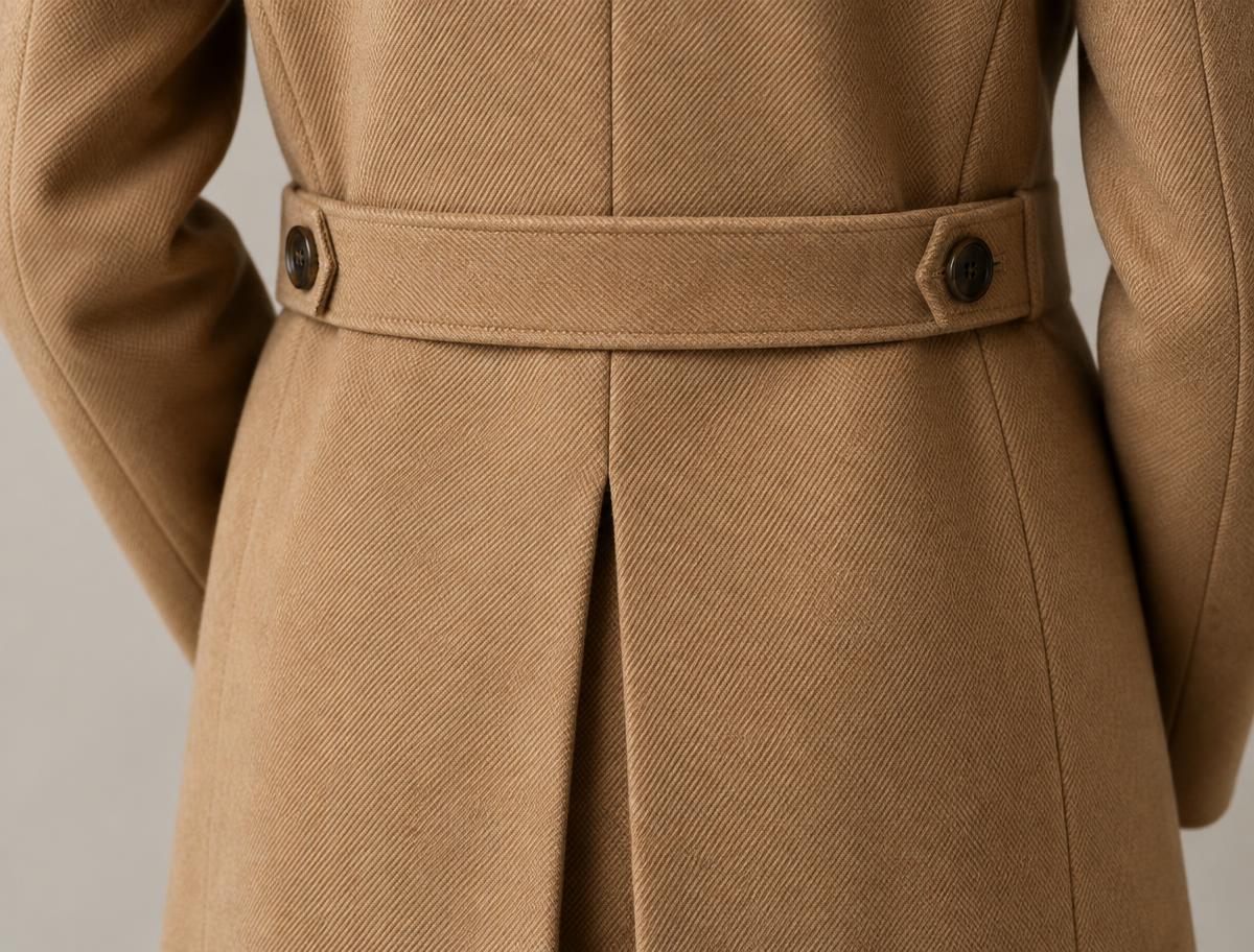 Close-up of the half-belt and centre vent on the back of a camel overcoat