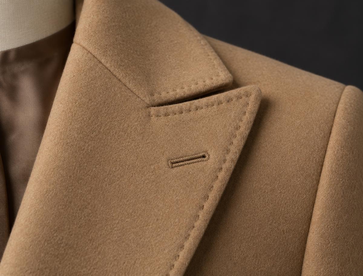 Close-up of a hand-finished peak lapel on a camel wool overcoat