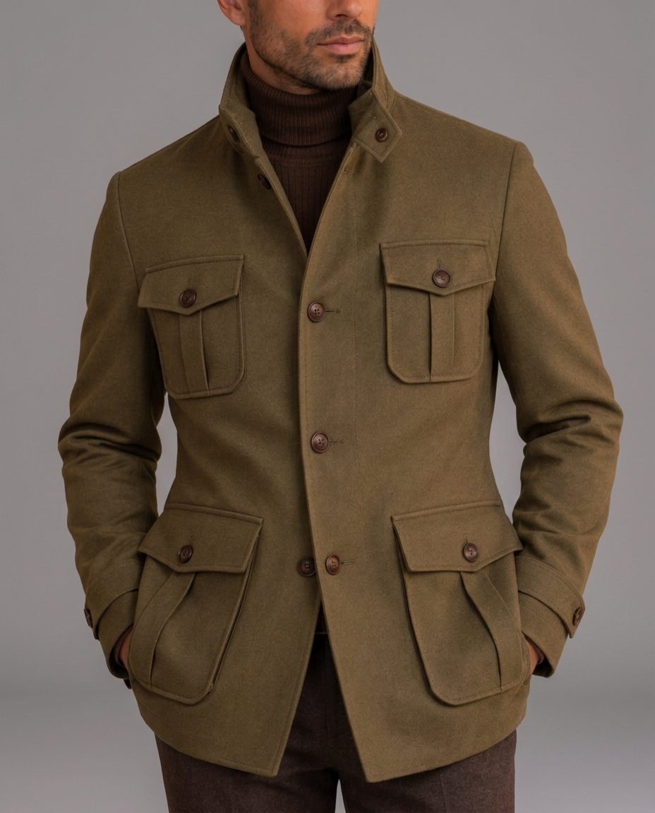 Man in an olive wool field jacket with four flap pockets over a brown turtleneck