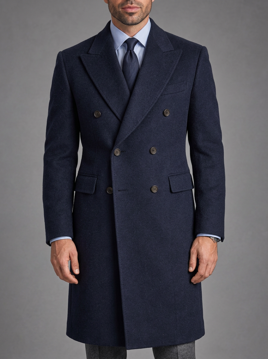 Man in a navy double-breasted overcoat with a pale blue shirt and dark tie, grey flannel trousers and brown tassel loafers on a studio backdrop