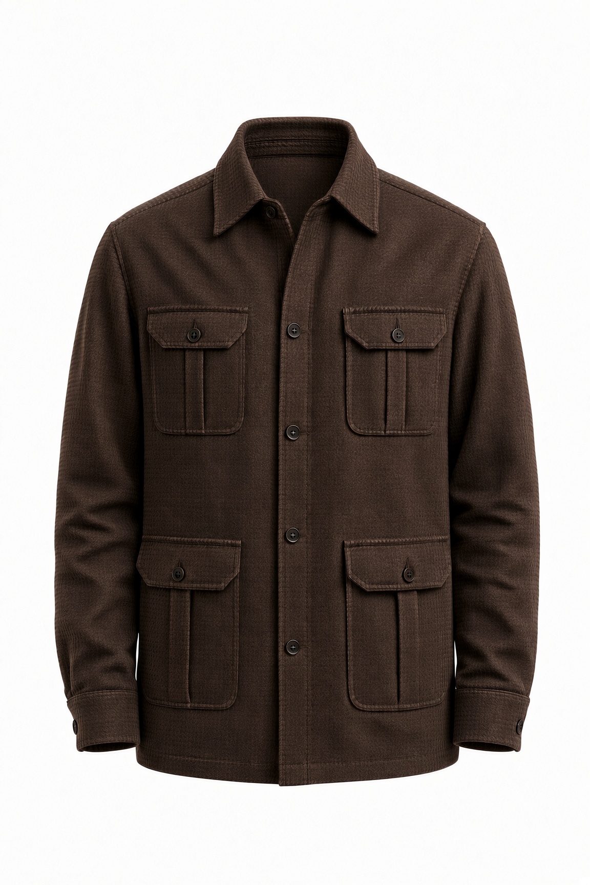 Brown flannel overshirt with four flap pockets and dark horn buttons